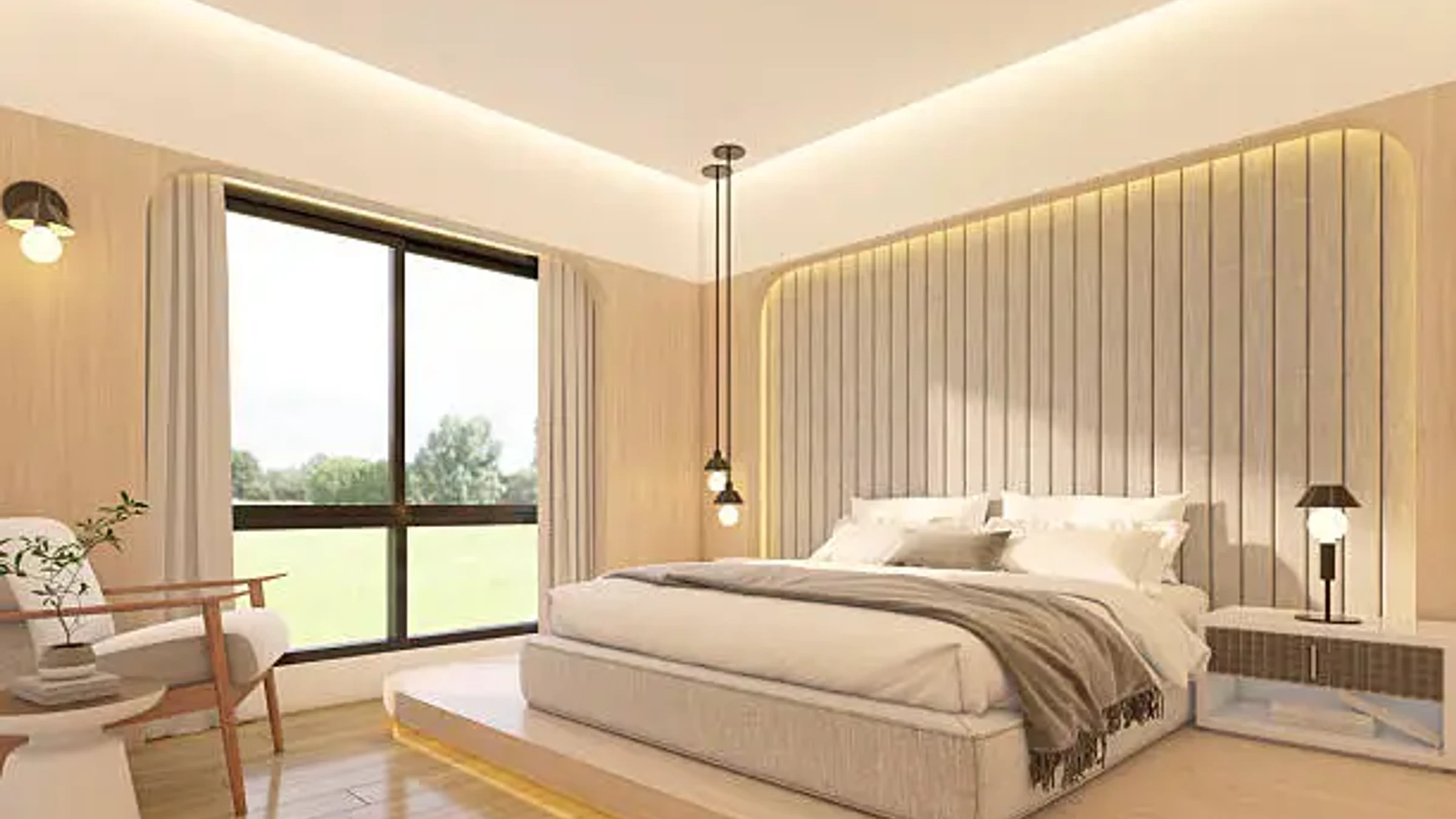 Sunlit bedroom with arched niche and layered linen bedding