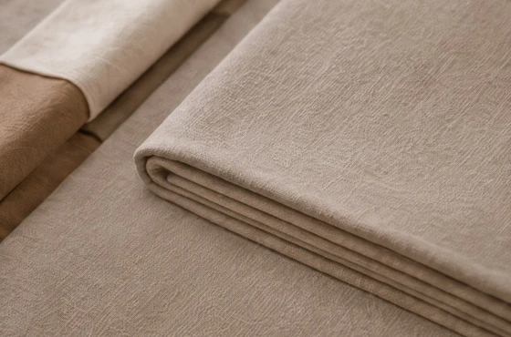 Folded neutral linen rolls in warm taupe and cream tones