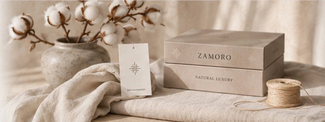 Zamoro packaging with cotton stems, natural linen and brand boxes in neutral styling