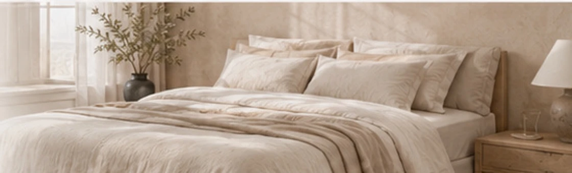 Serene bedroom with layered neutral linens and soft natural daylight